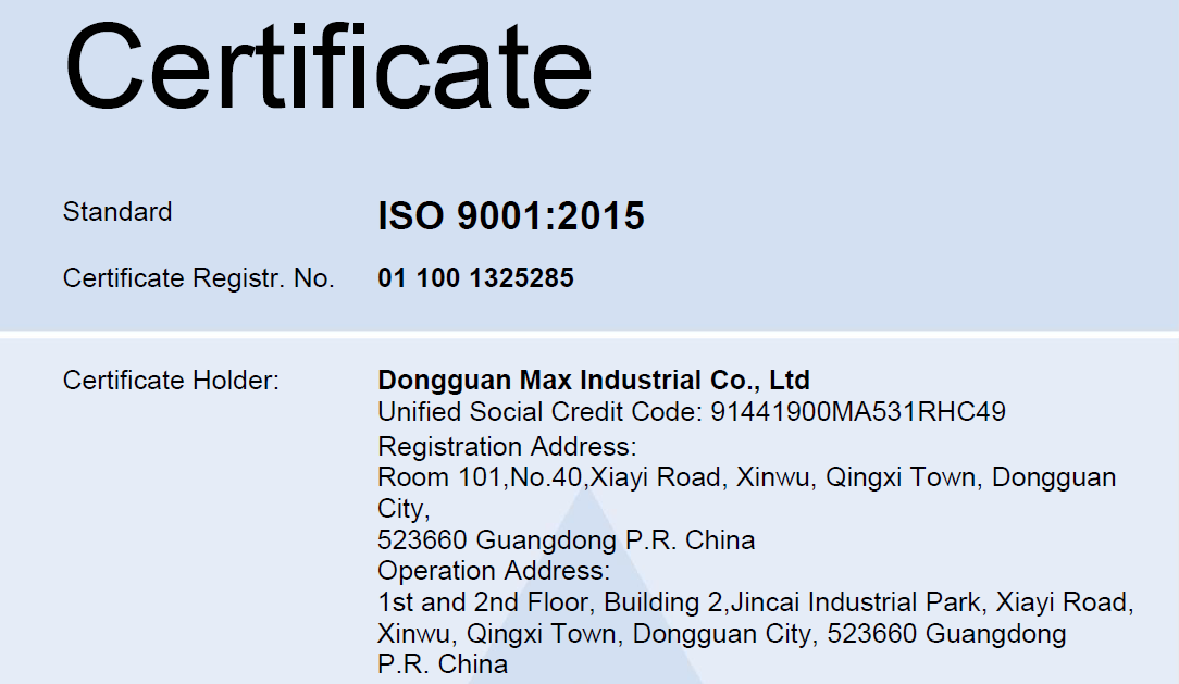 ISO 9001 certificate